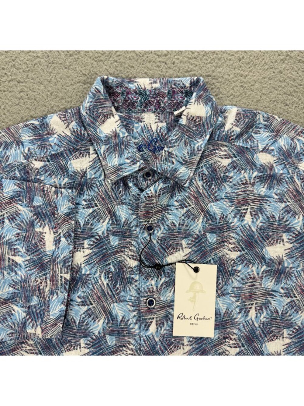 Robert Graham Shirt Men Small Blue Morrone Tropical Linen Short Sleeve Button Up